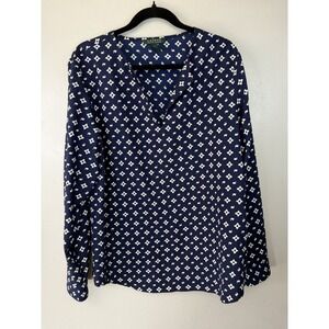 Lauren Navy Blue Pullover Blouse W White Geometric Pattern V Neck Size XL